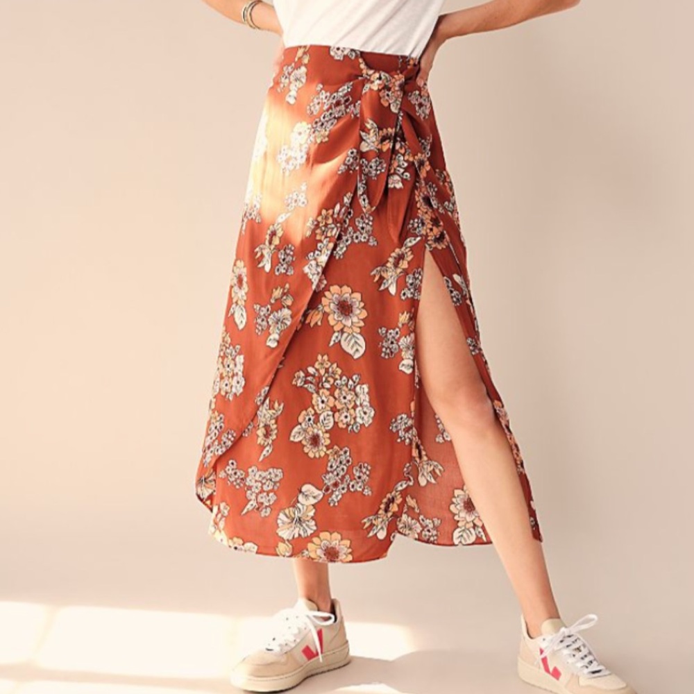 Free People Rust Floral Wrap Midi Skirt